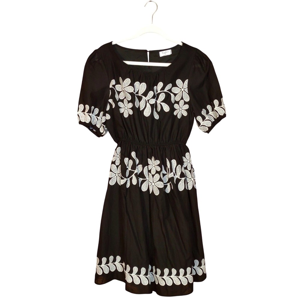 Embroidered Floral Cotton Mini Dress Womens XL Black White Elastic Waist - NWT